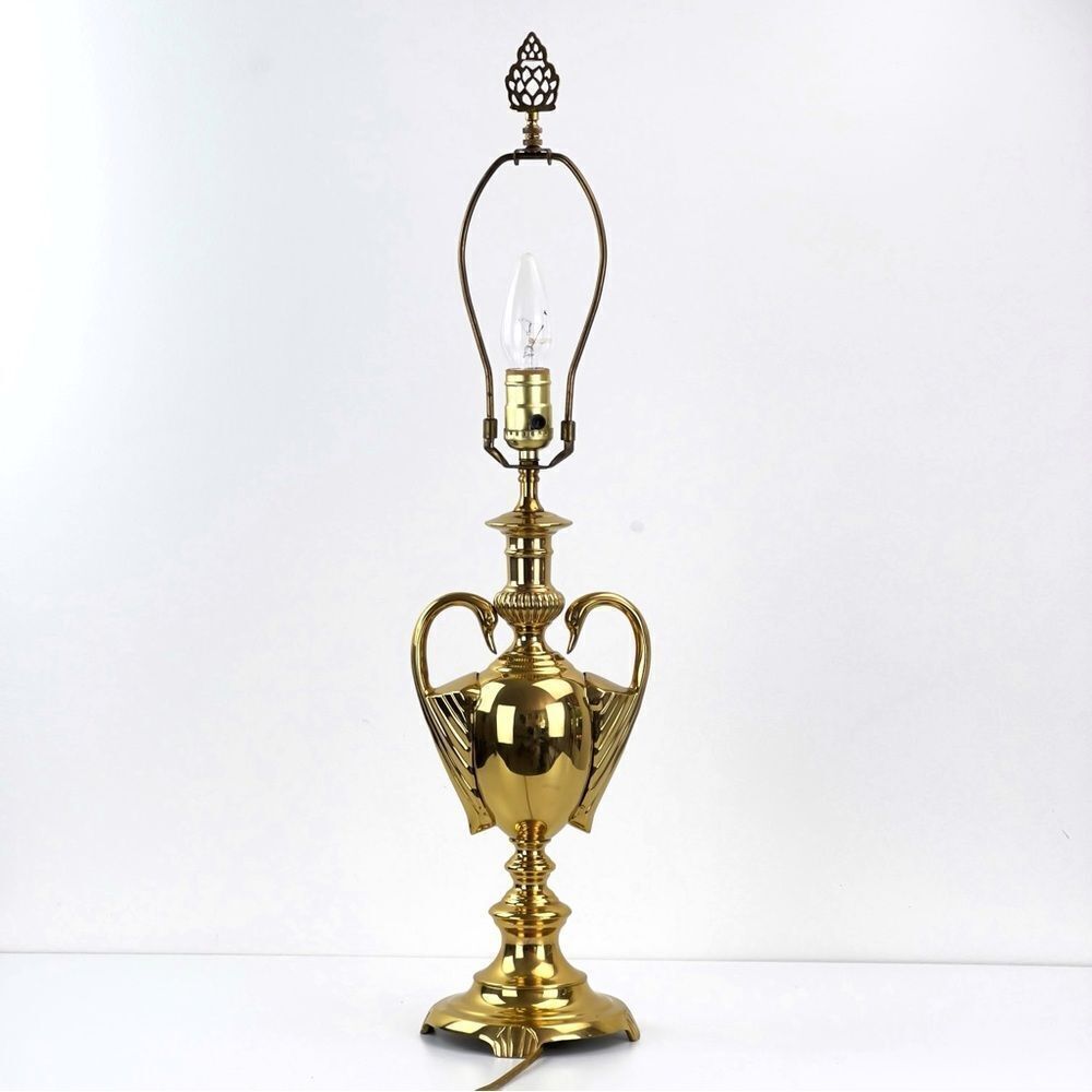 Vintage Hollywood Regency Swan Polished Brass Table Lamp 28” H